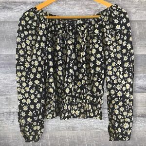 Divided by H&M Long Sleeve Daisy Peasant Top NEW XS Smocked Off Shoulder Black